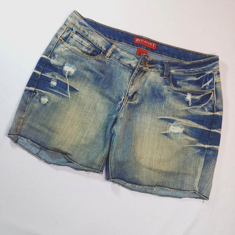 Red Rivet Jeans Distressed Denim Shorts Stretch Mid Rise Cut Off Pckts Womens 15